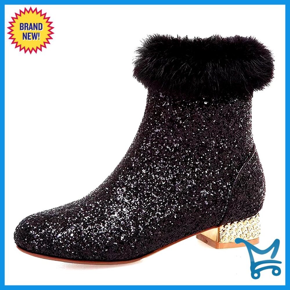 Sequin Ankle Boots Low Heel Sparkly Glitter Booties Women's Size